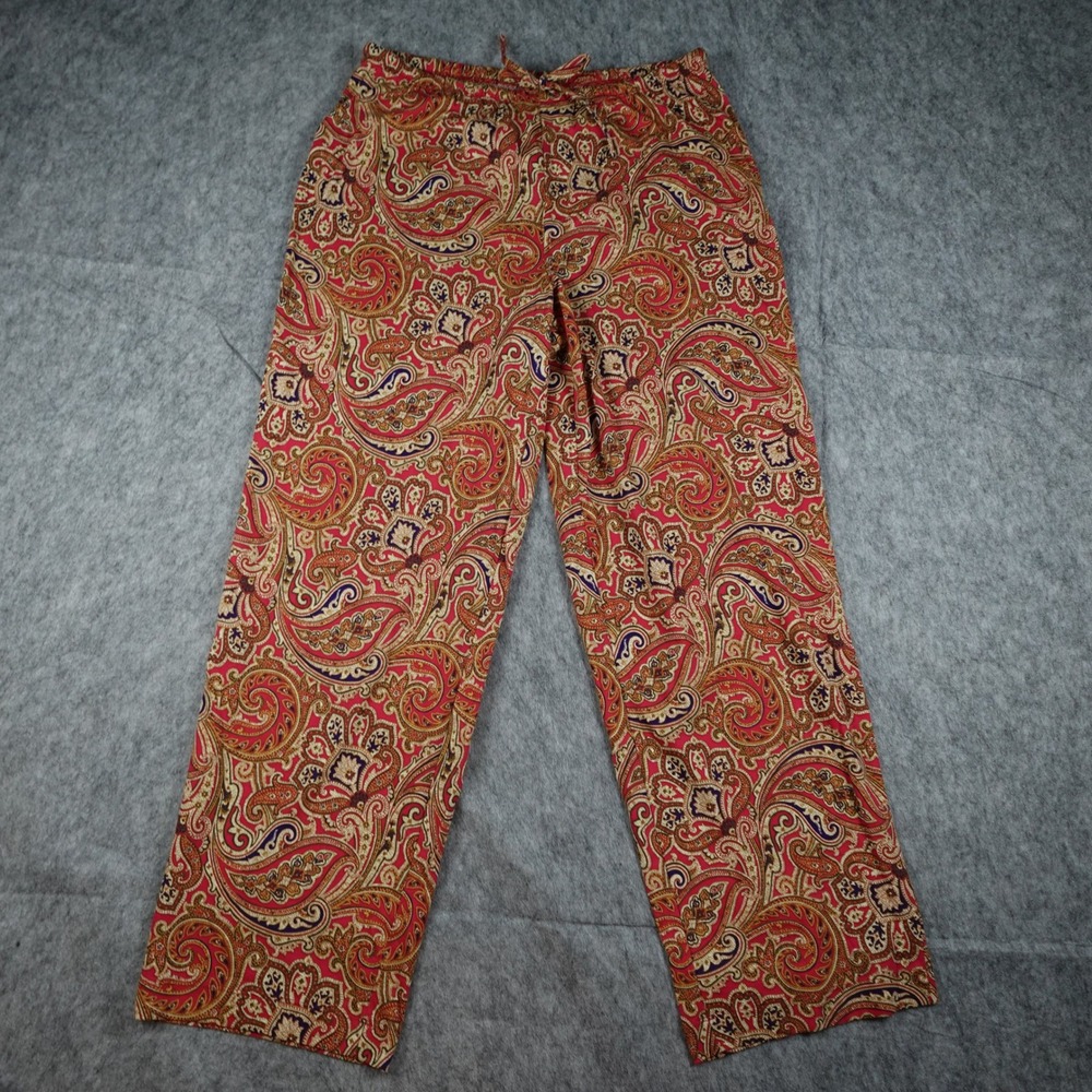 Ralph Lauren Pant Womens Medium Petite Red Paisley Cotton Blend Pull On Boho